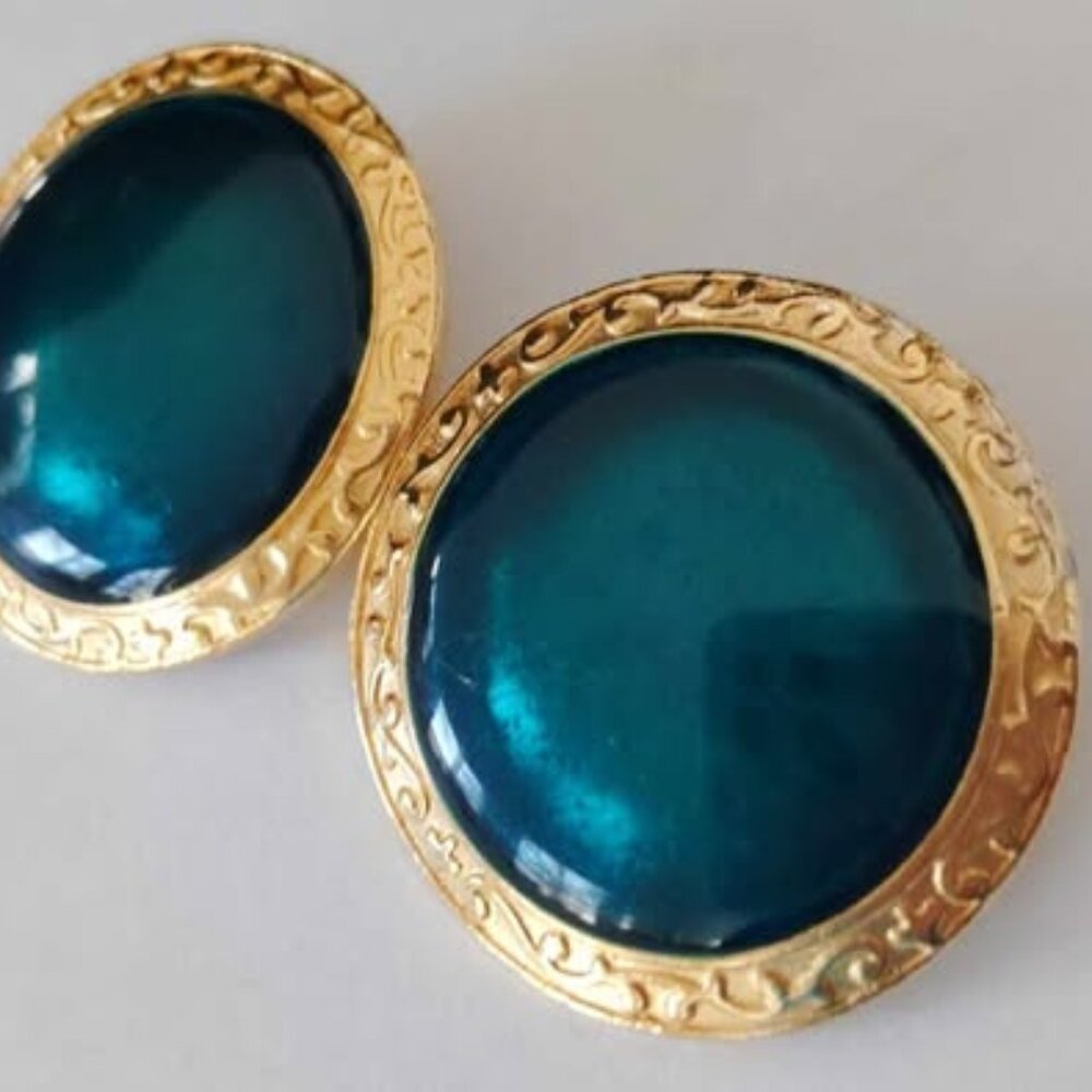 Greenish/Blue round gold framed earrings good condition